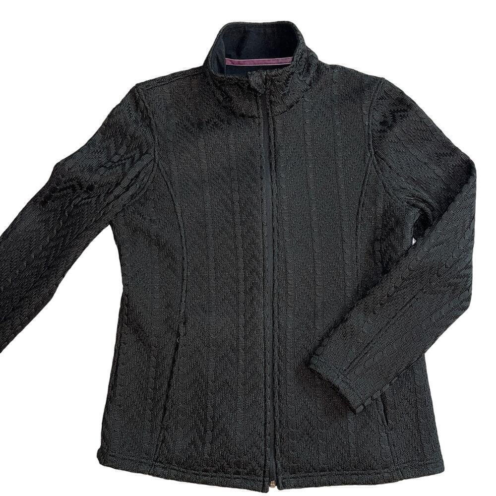 Boston Traders Cable Knit Sweater Jacket Full Zip Black Fleece Lined Size M